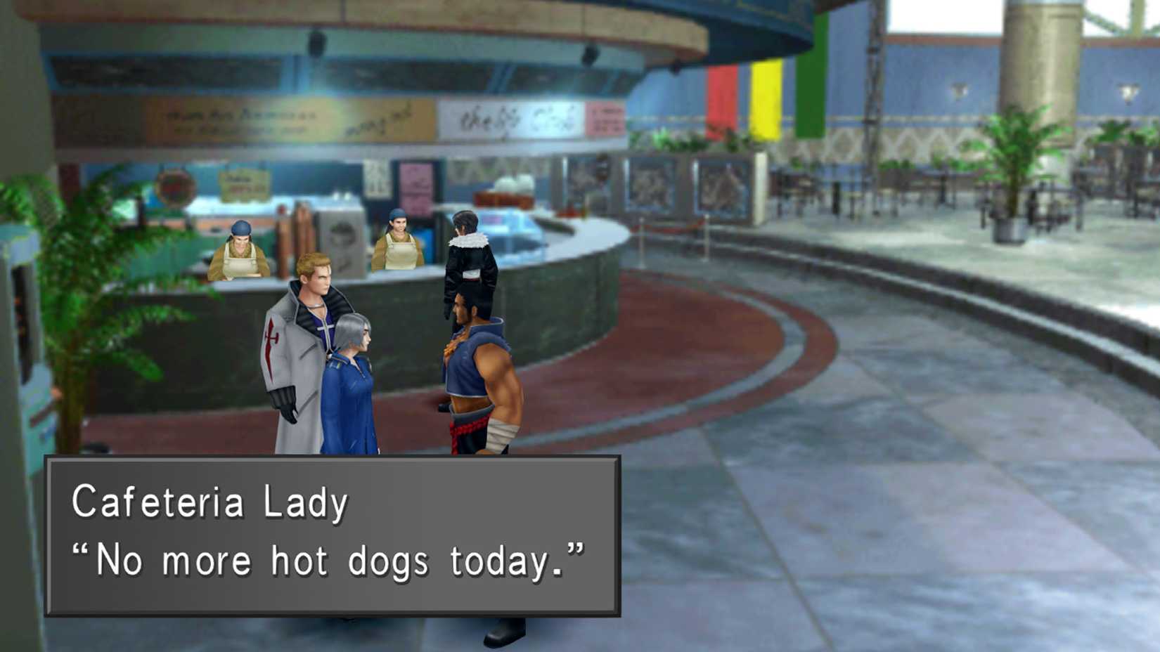 A Final Fantasy 8 screenshot showing the Cafeteria Lady sayin "No more hot dogs today."