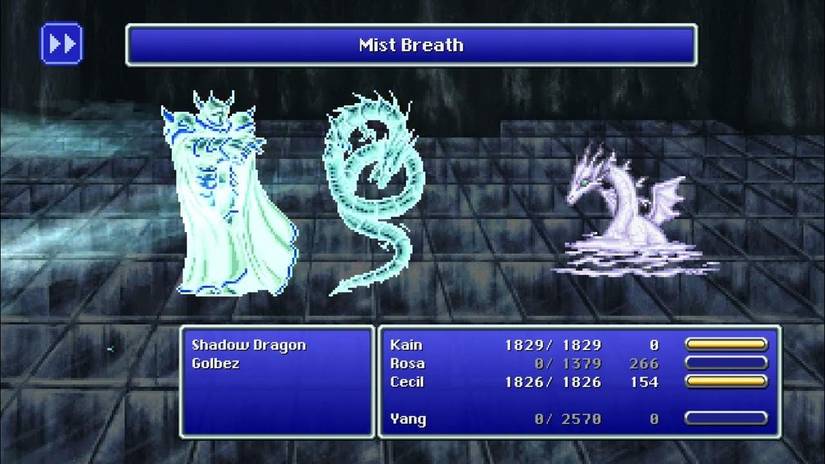 Final Fantasy 4 Rydia retorna – uma antiga tela de batalha de 16 bits mostrando convocações se enfrentando