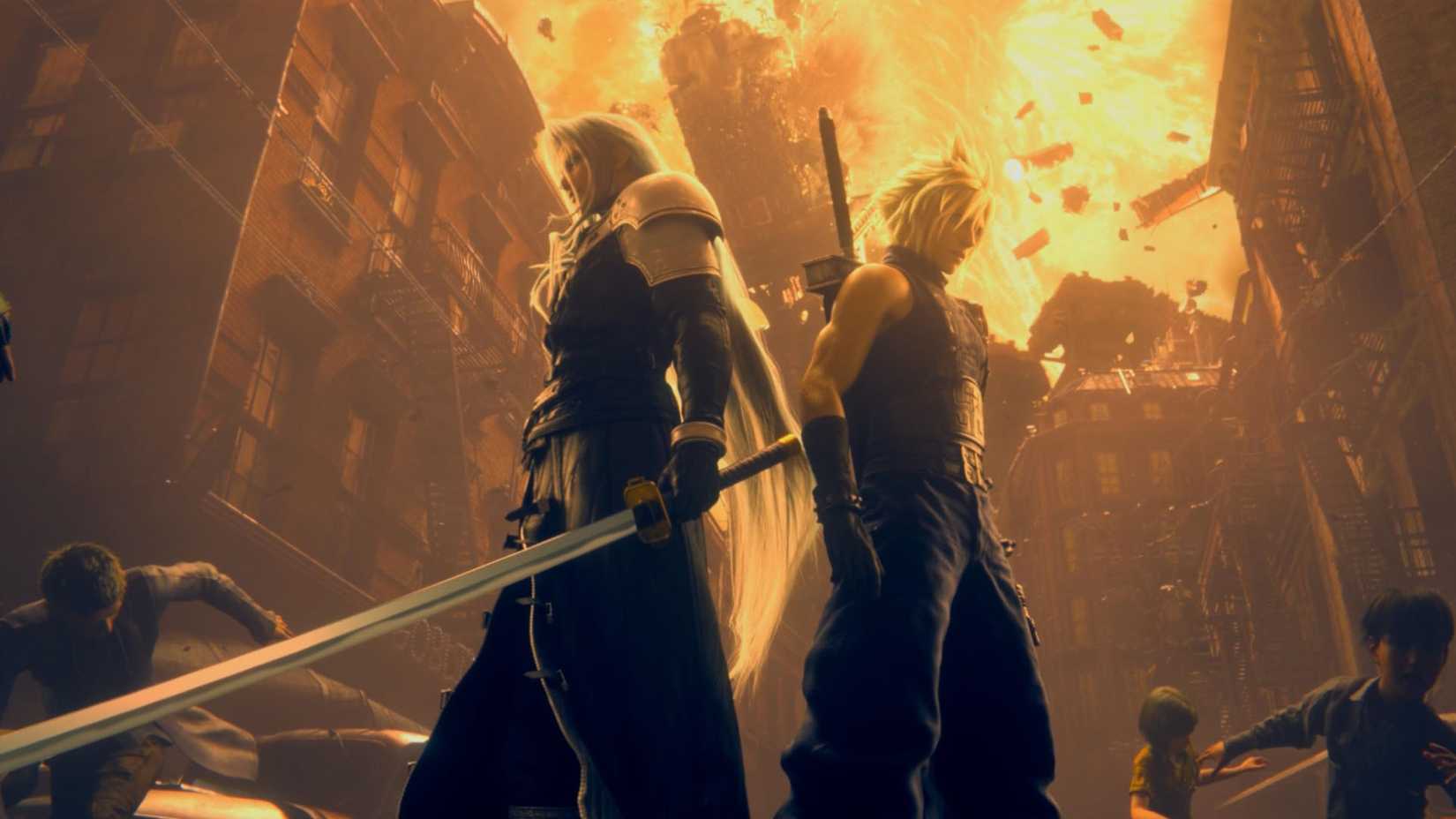 ภาพหน้าจอจาก Final Fantasy 7 Remake แสดง Sephiroth และ Cloud