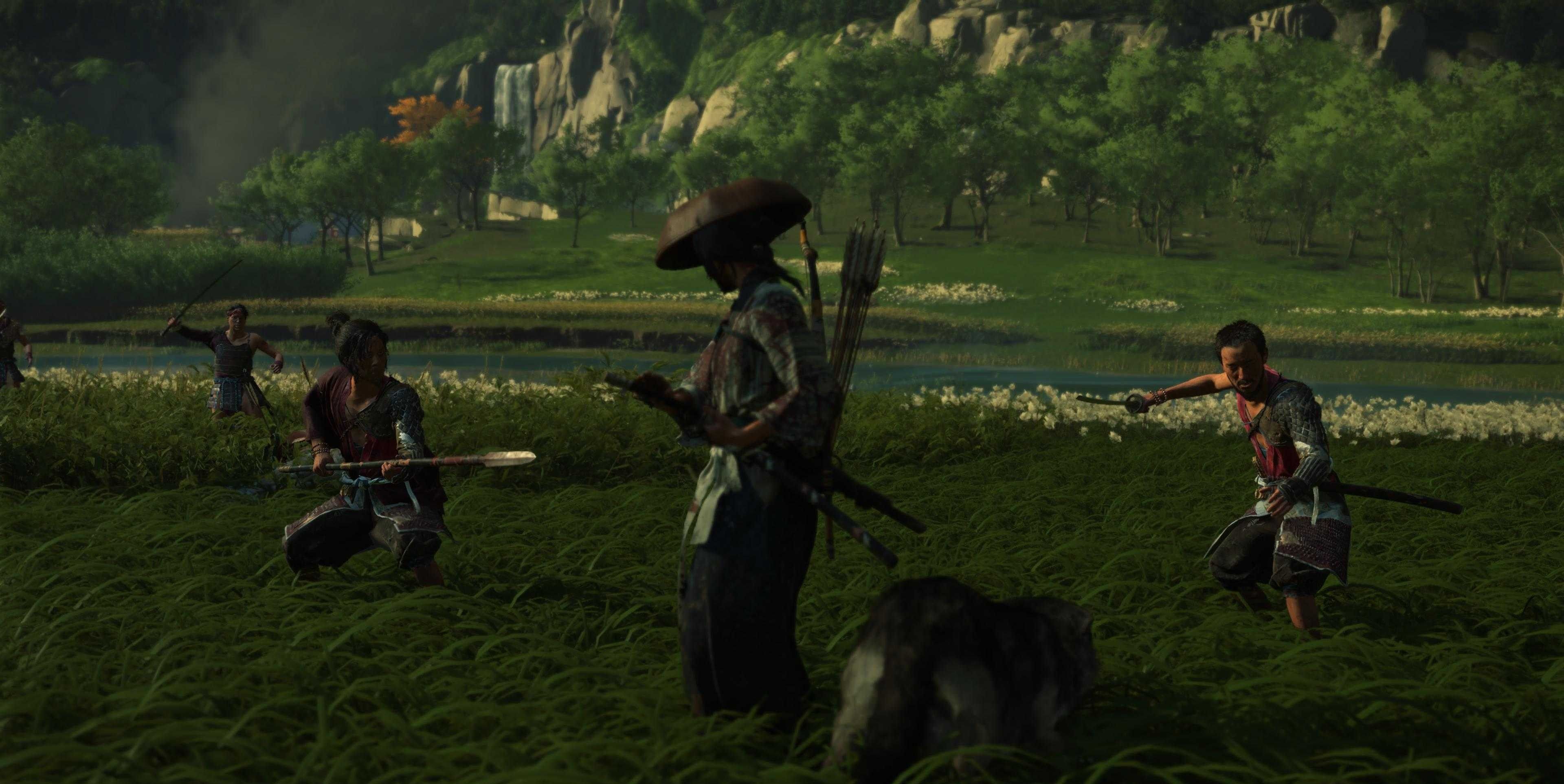 Atsu and her wolf companion in a standoff against enemies in Ghost of Yotei.