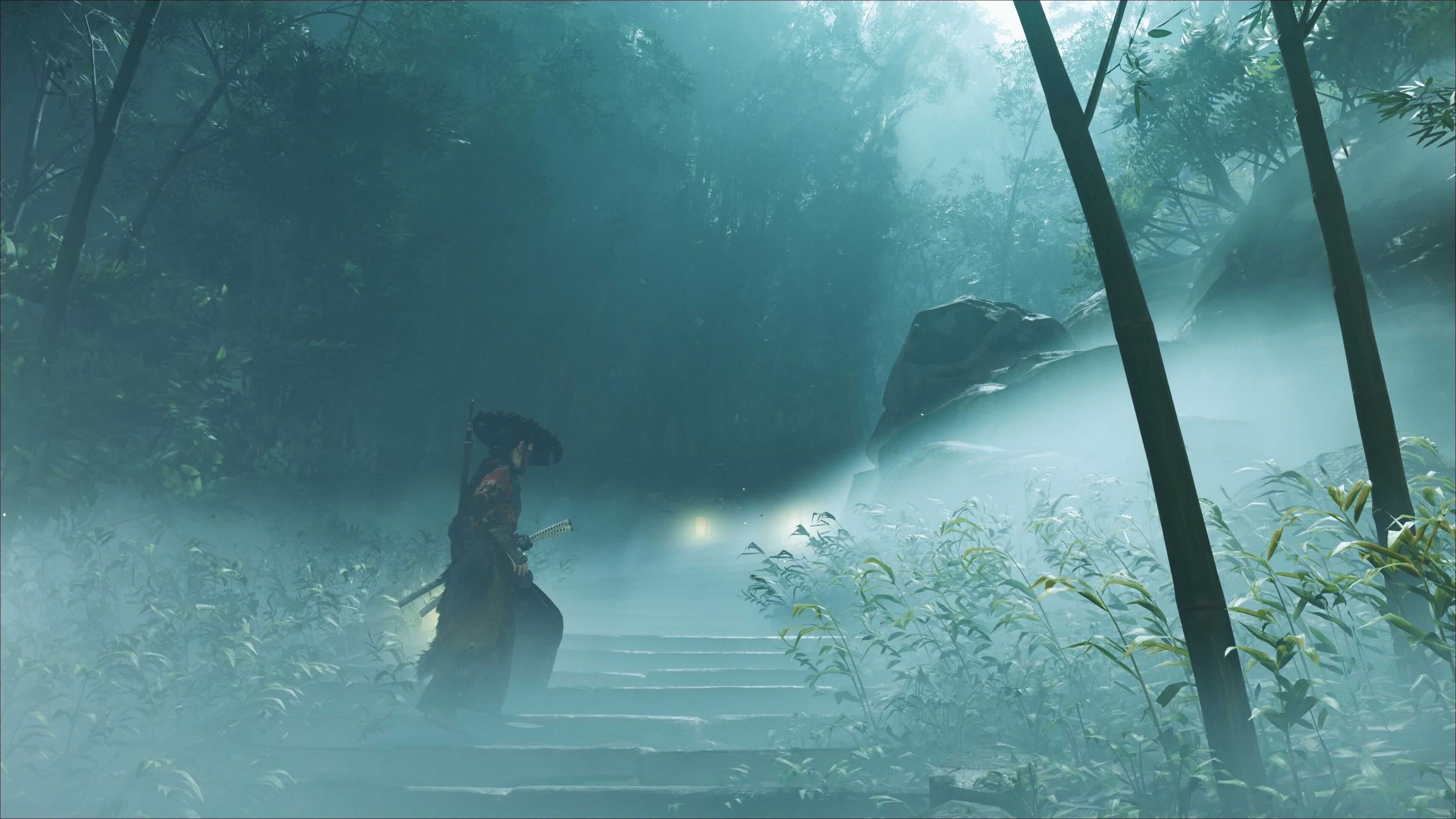 Atsu walks up a foggy staircase in Ghost of Yotei.