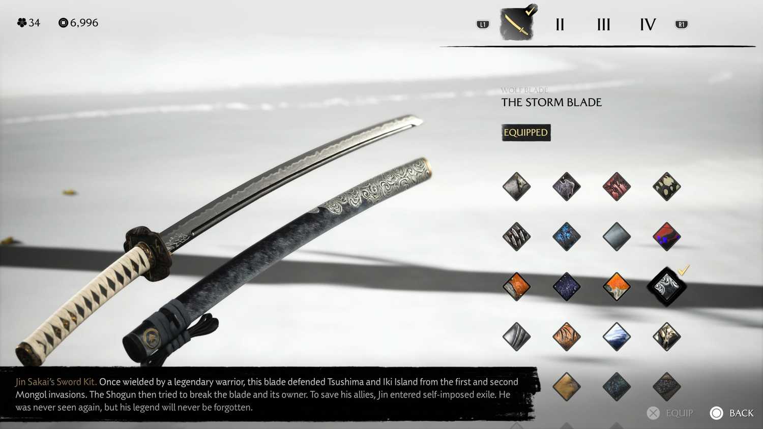 Jin Sakai's katana, The Storm Blade, in Ghost of Yotei.