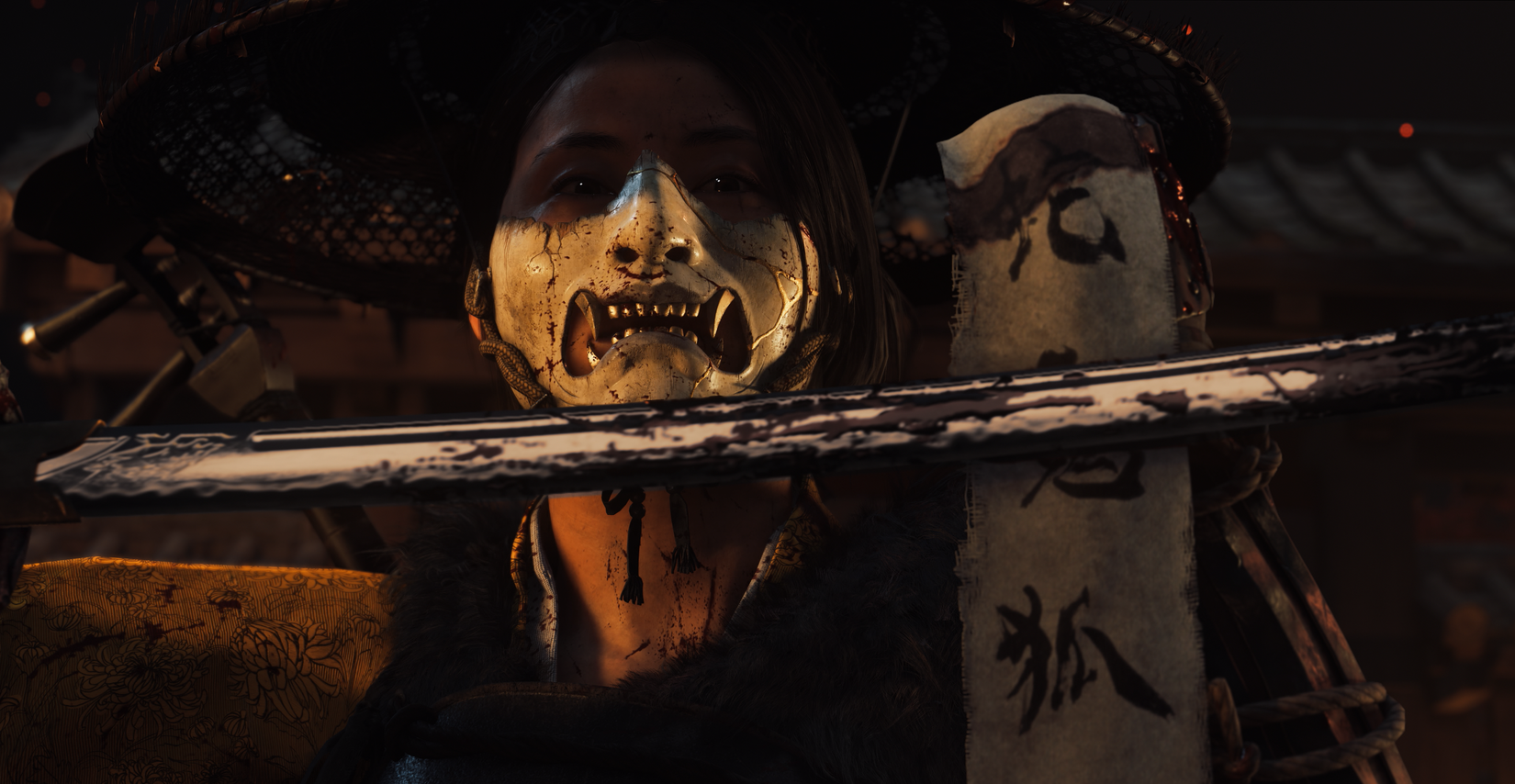 Atsu cleans blood off her sword in Ghost of Yotei.