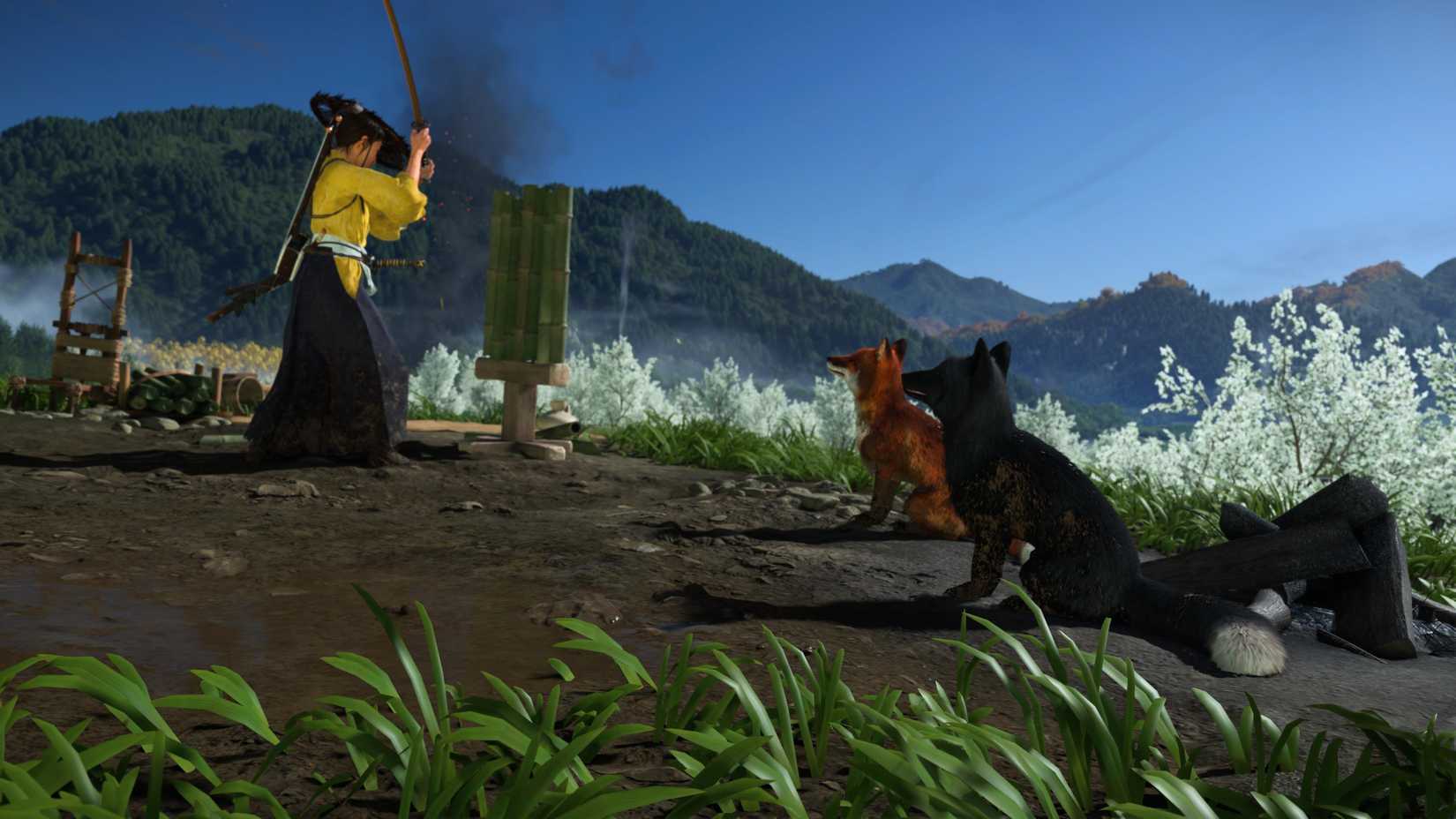 Foxes watch Atsu do a bamboo strike in Ghost of Yotei