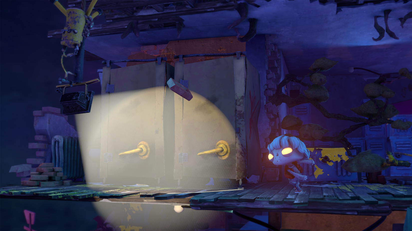 A zombie throwing a brick at a light in Gloomy Eyes.