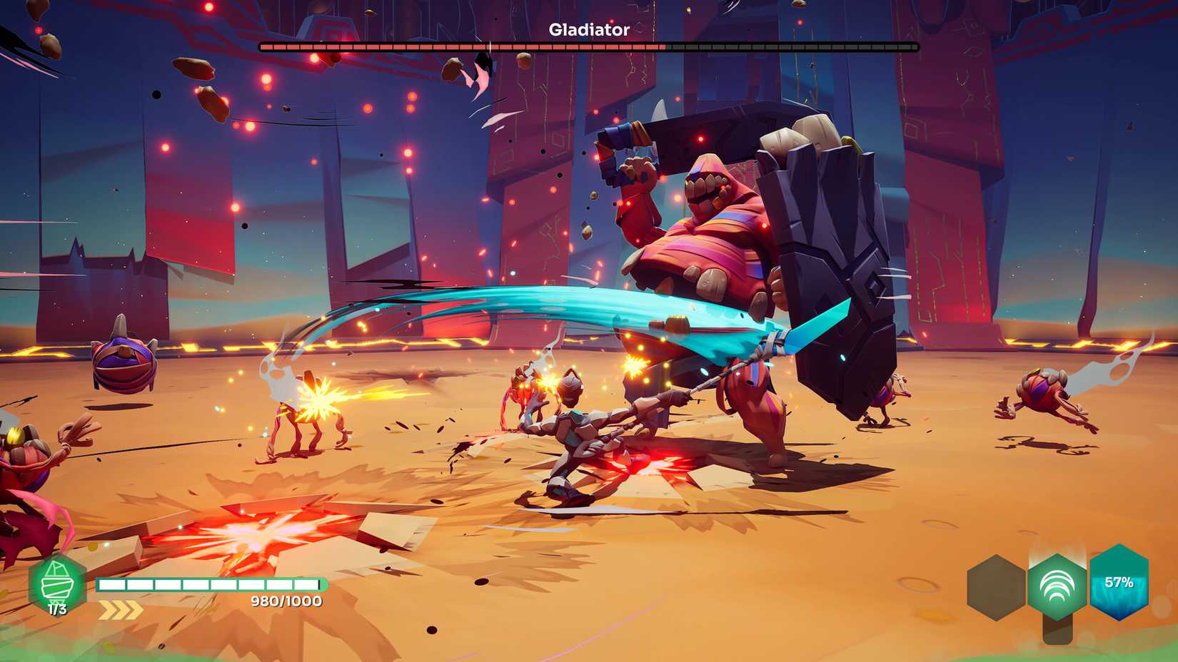Characters fight a Gladiator in Godbreakers.