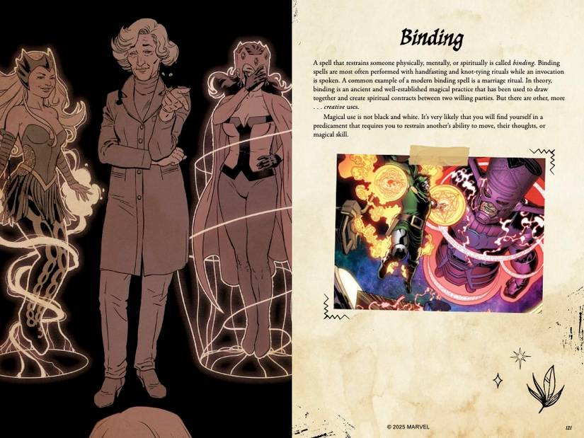 A page on binding The Grimoire of Agatha Harkness depicts Agatha Harkness binding Enchantress and the Scarlet Witch and Doctor Doom binding Galactus
