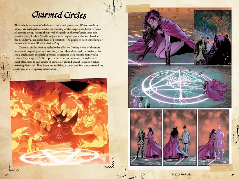 Doctor Strange floats above a charmed circle while the Scarlet Witch builds one in TheGrimoire of Agatha Harkness
