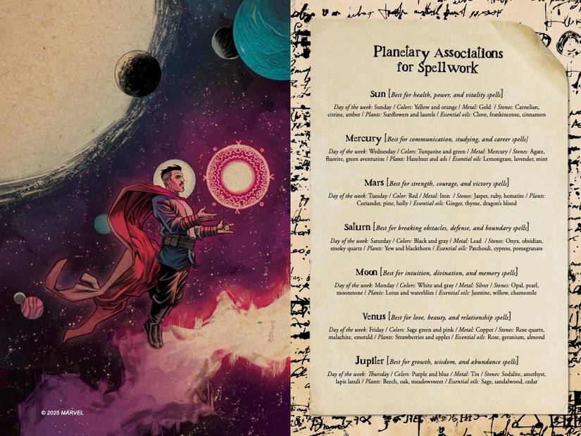 Doctor Strange floats in a starry sky in a page from The Grimoire of Agatha Harkness on planetary associations
