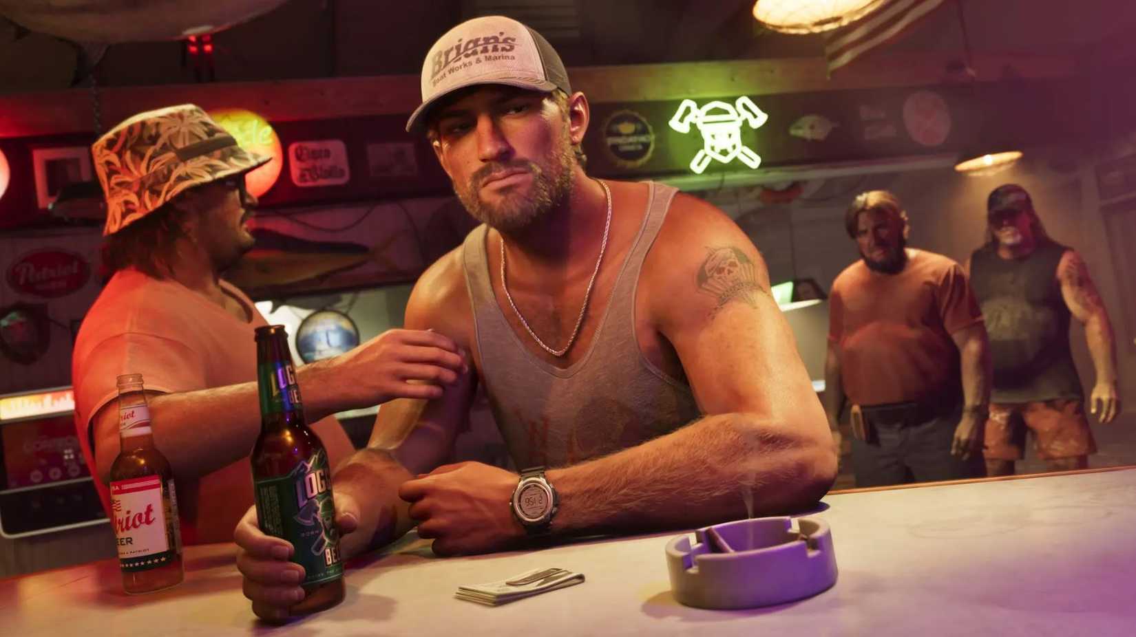 One of the two protagonists in GTA 6, Jason, shown holding a beer while in a bar. A man is trying to grab his attention by touching his arm.