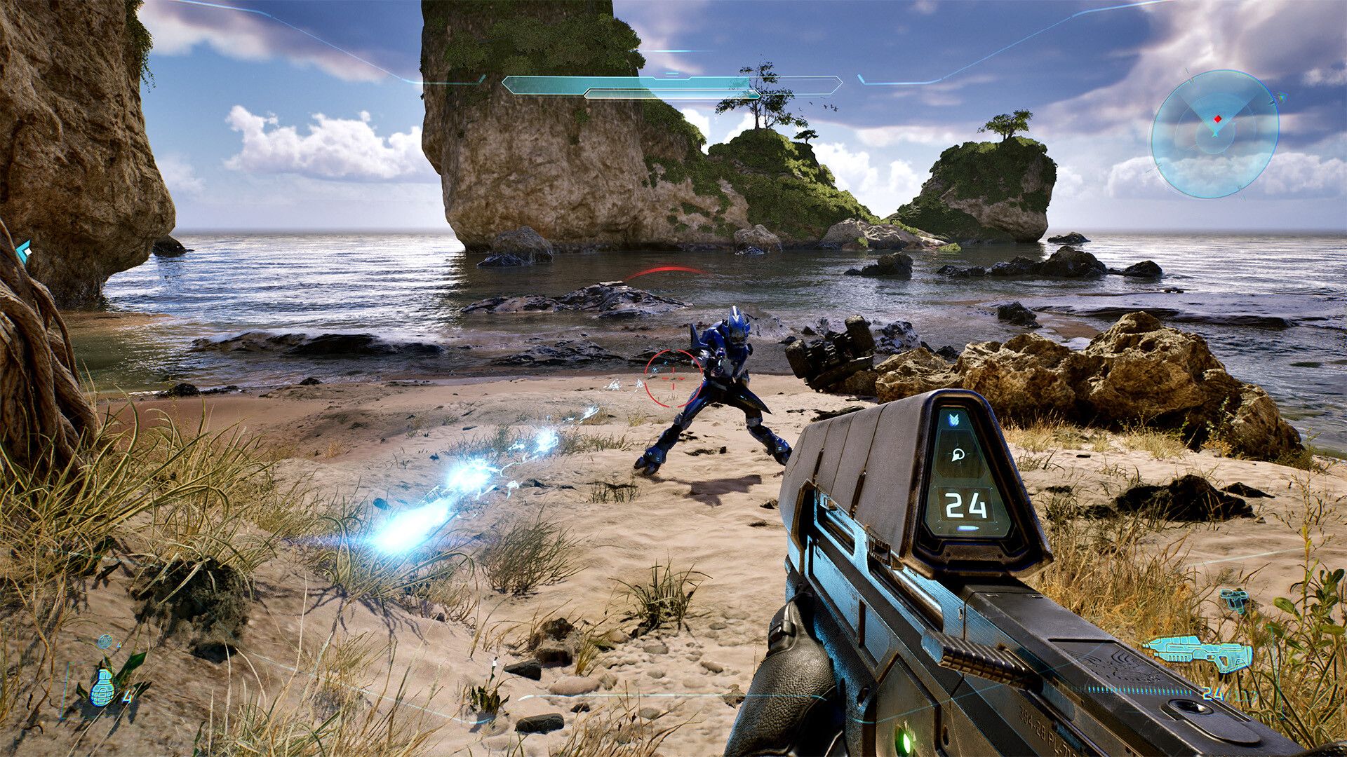 Master Chief shoots a gun in Halo: Campaign Evolved.