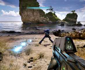 Master Chief shoots a gun in Halo: Campaign Evolved.