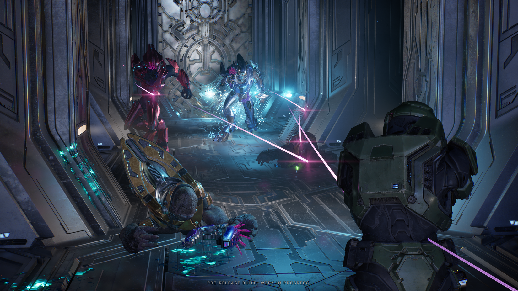 Master Chief shoots Elites in a hallway in The Silent Cartographer in the Halo Campaign Evolved Halo CE remake