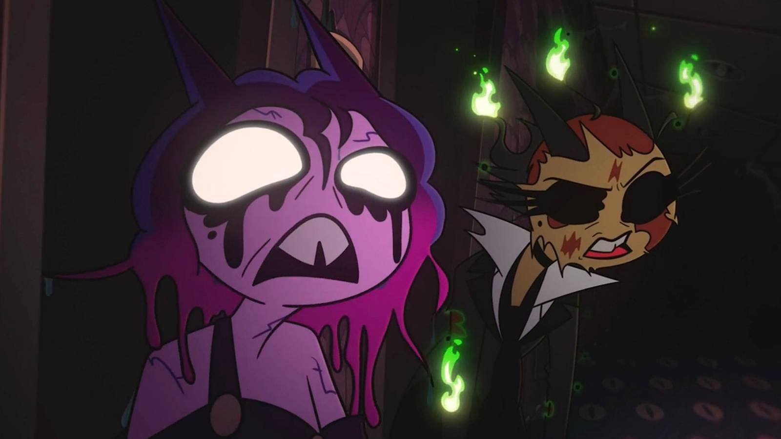 Two decayed, zombie-like versions of the animated imp Blitzø from Helluva Boss, one purple and one tan