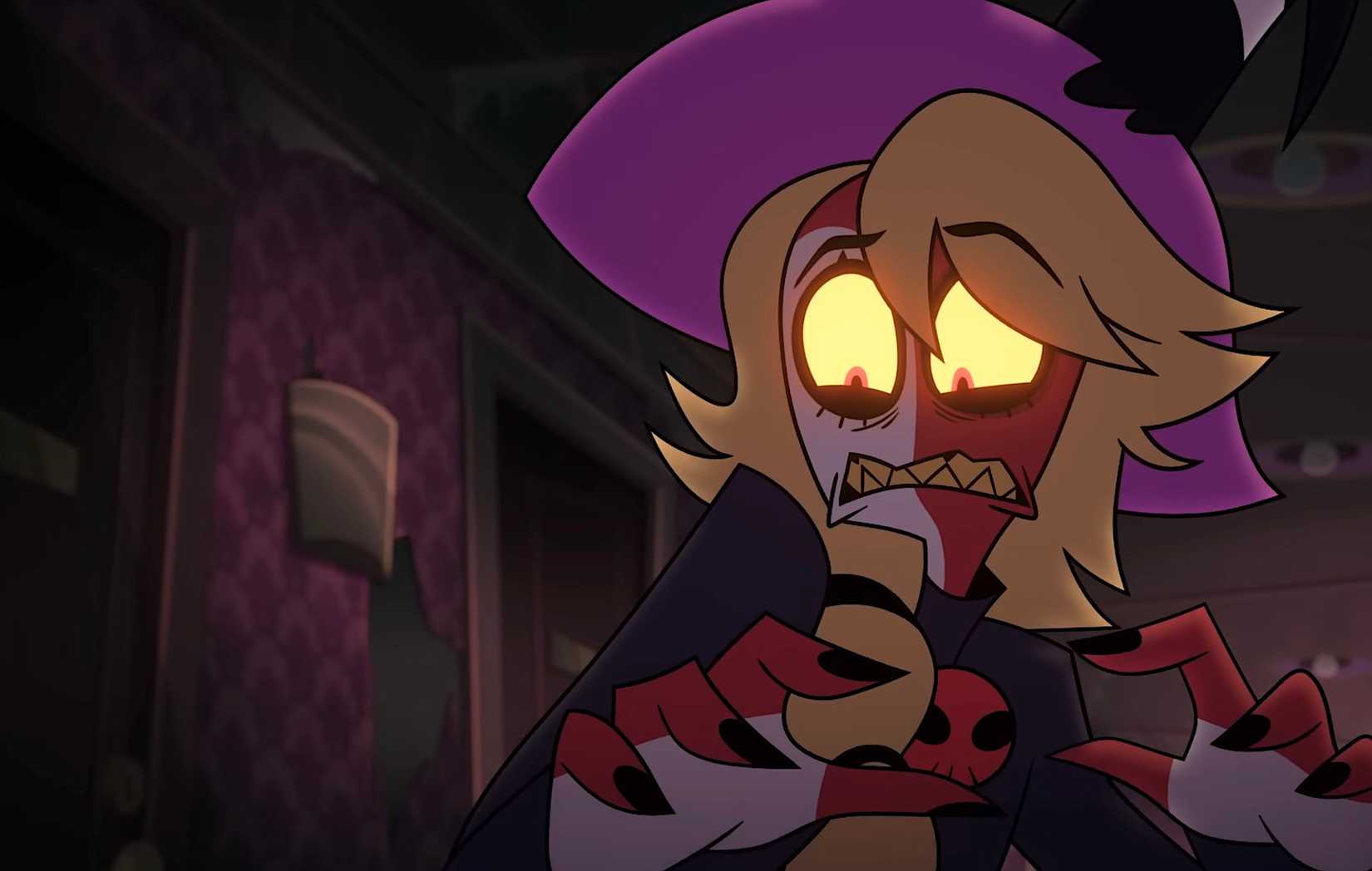 Blitzø, the red-skinned imp, looking terrified in a scene from Helluva Boss