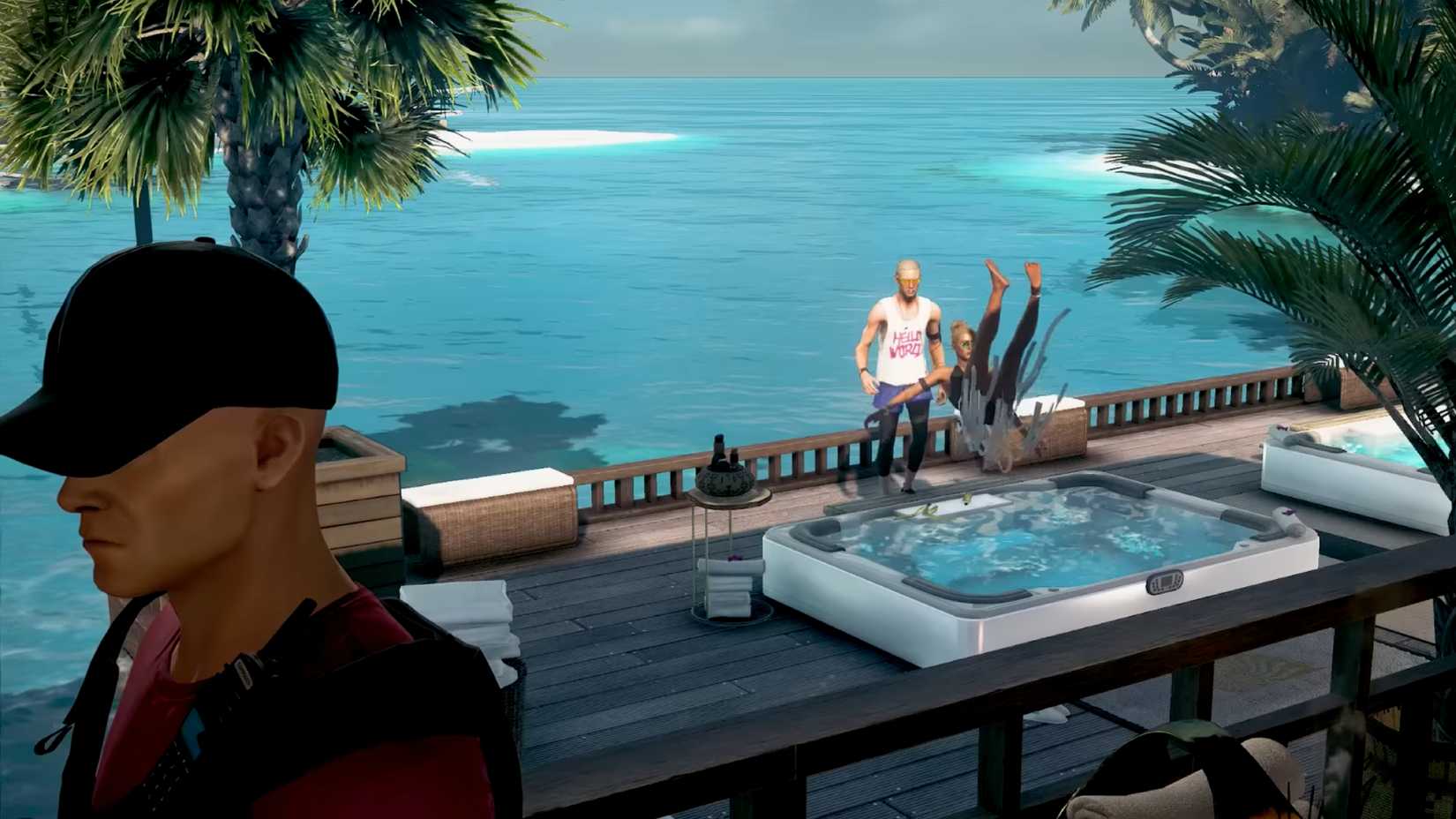 A Hitman target NPC slips on a banana peel near a hot tub.