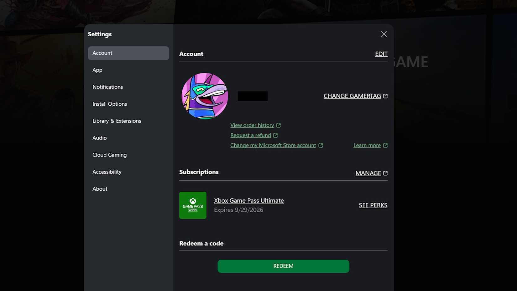 Xbox ऐप का प्रबंधन पृष्ठ