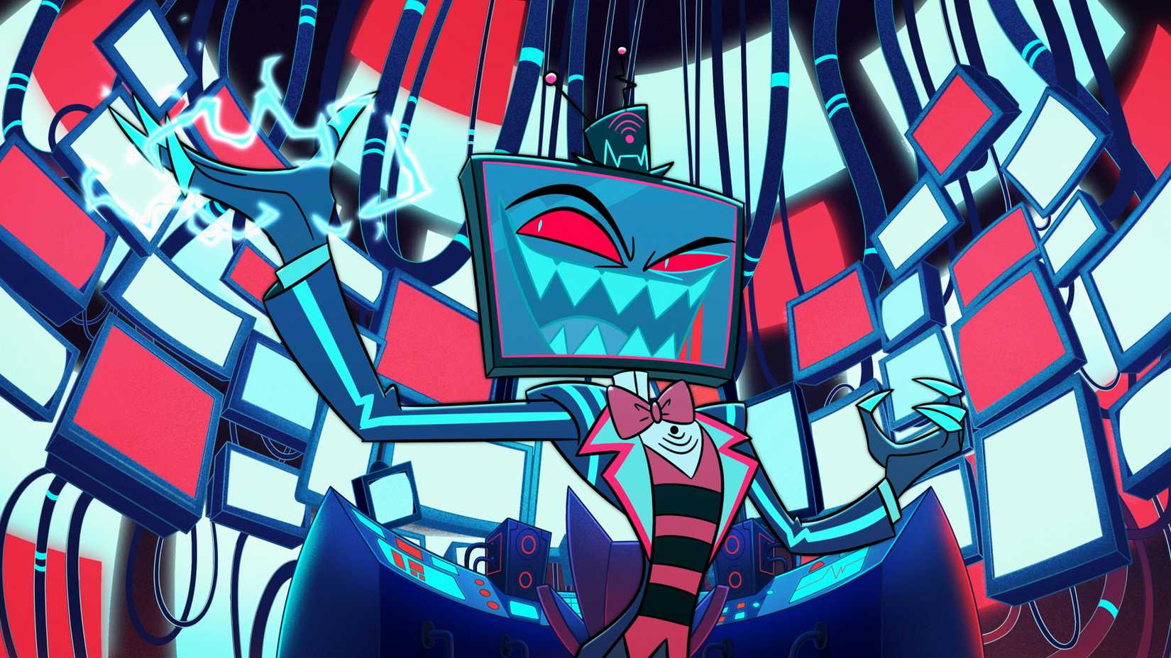 Vox surrounded by screens in Hazbin Hotel