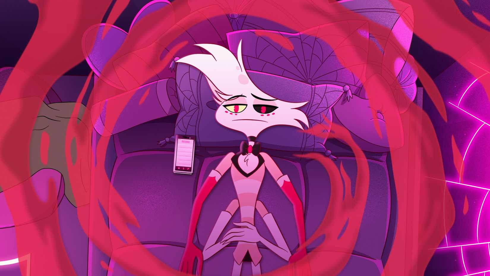 Angel Dust reclining as pink smoke curls around him (Hazbin Hotel, season 2 still)