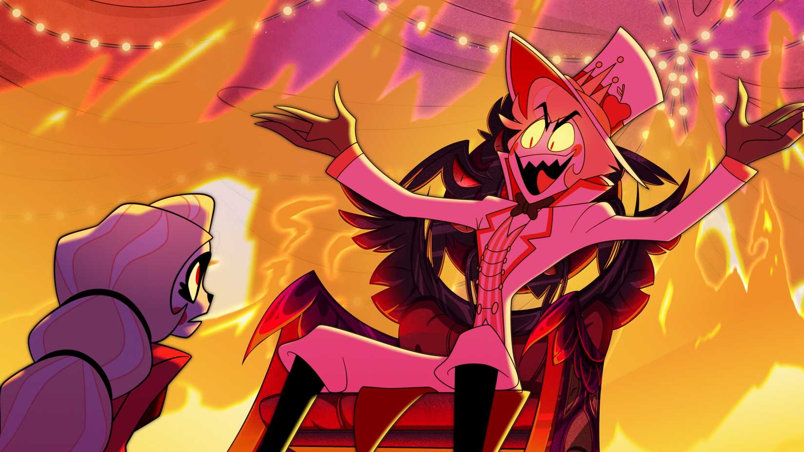 Lucifer Morningstar seated on a throne while Charlie looks on (Hazbin Hotel)
