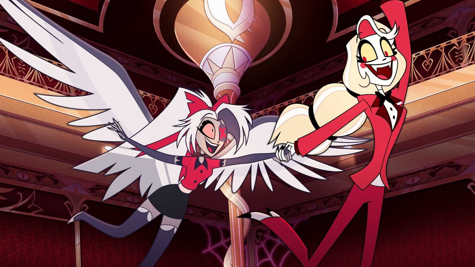 Charlie and Vaggie flying together in Hazbin Hotel (season 2)