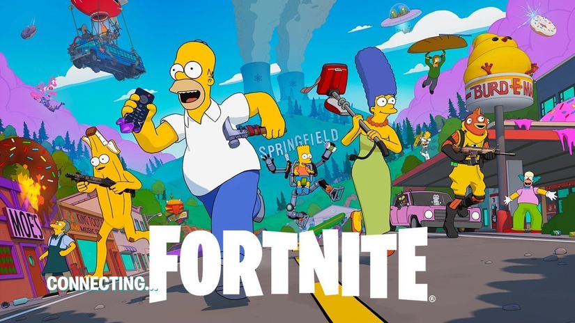 Fortnite and The Simpsons are teaming up for an event that turns the entire map into Springfield. The key art features Homer and Marge Simpson running alongside Peele, drawn in a cartoon style, with Ned Flanders in the background flying on a glider, and Bart Simpson inside a robot. Iconic places like Moe's Bar, Krispy Kreme and even the Power Plant loom in the background.