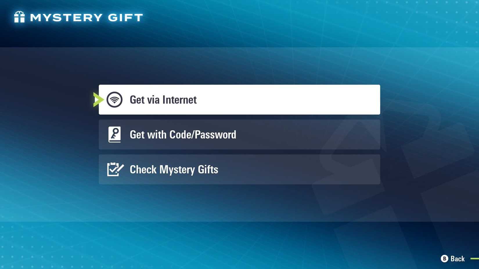 A menu of the Mystery Gift screen in Pokémon Legends: Z-A