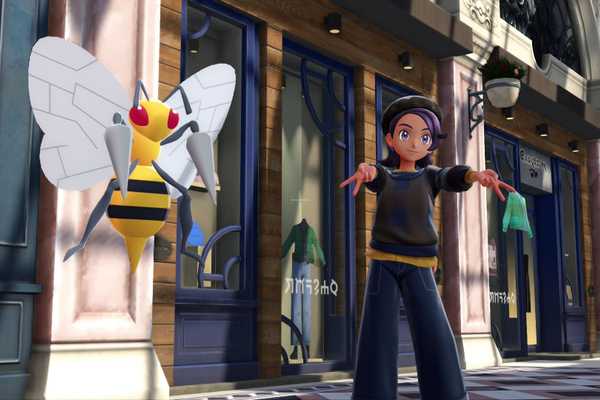 A Pokémon trainer puts up double peace signs with a Beedrill in Pokémon Legends: Z-A