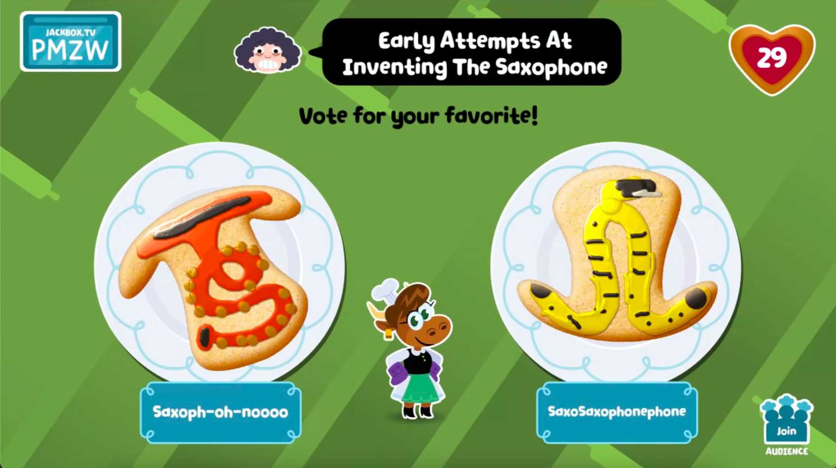 Jackbox Cookie Haus gameplay in response to "early attempts to invent the saxophone".