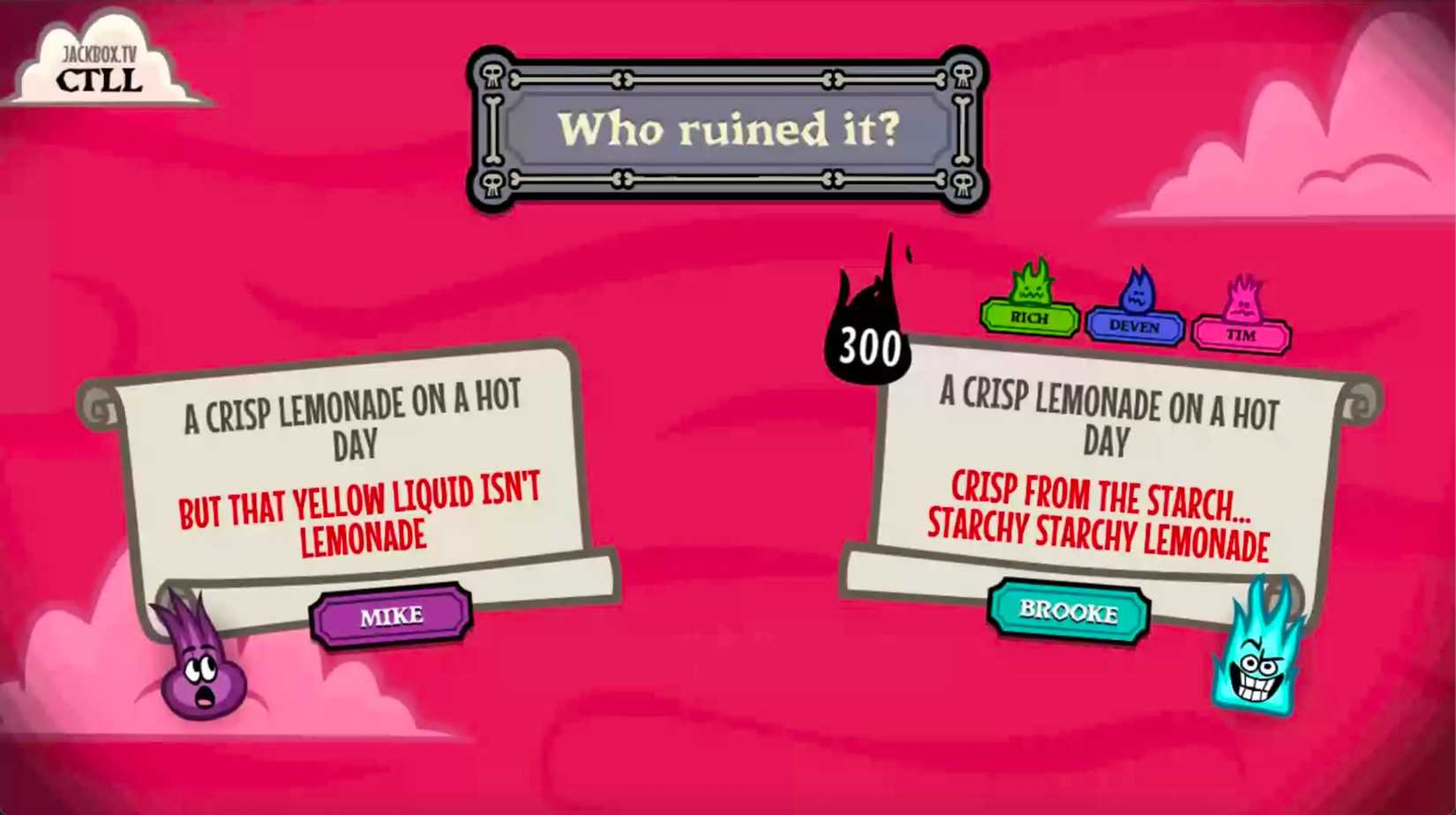 เกม Jackbox Dominate ที่มีผู้เล่นสองคนทำลายน้ำมะนาวในวันที่อากาศร้อน"