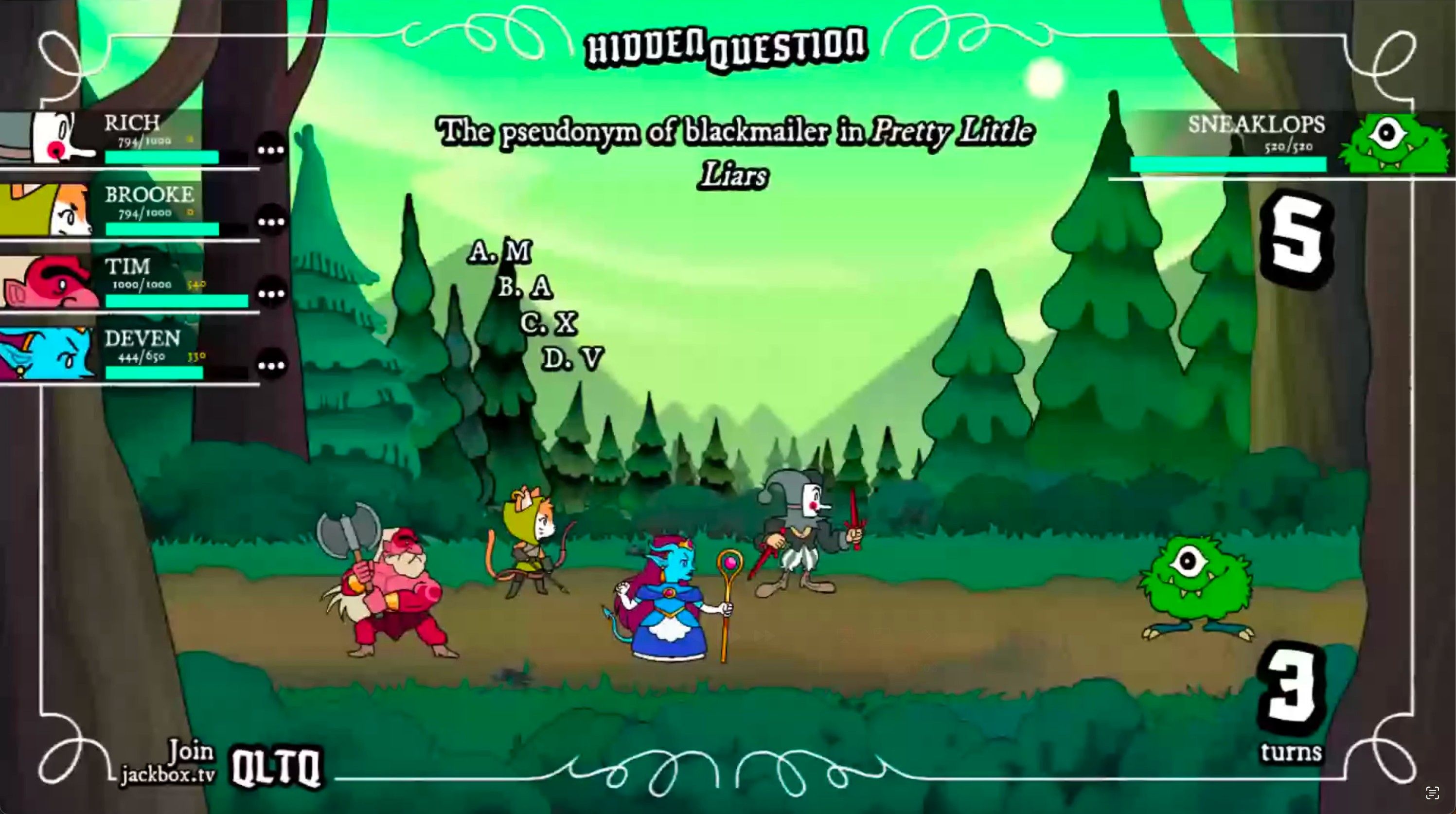 Legends of Trivia gameplay screen with players tackling a question about Pretty Little Liars.