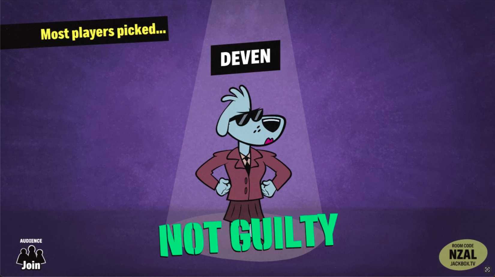 Jackbox Suspectives screen showing a player proven innocent