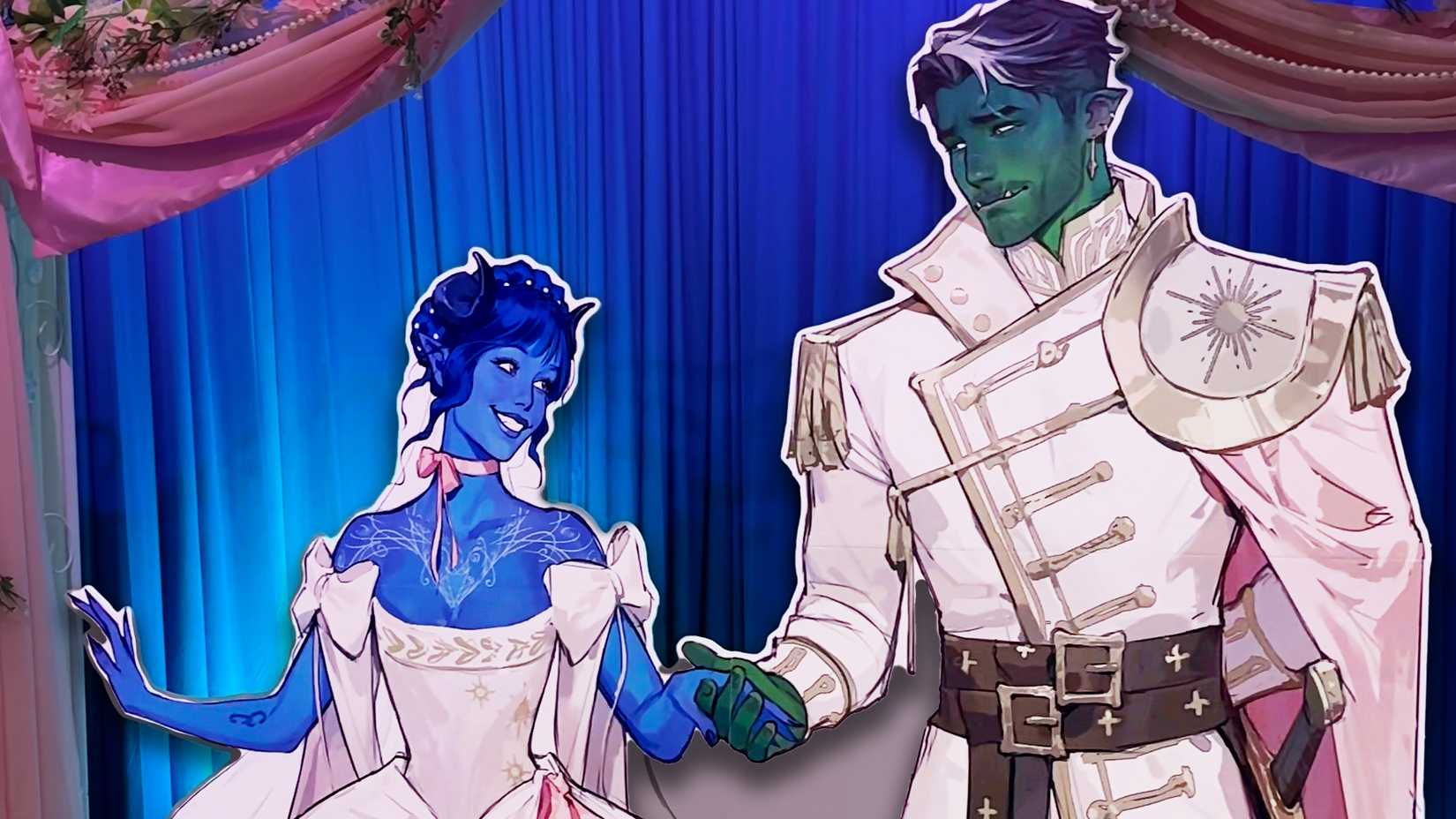 Cutout of Jester and Fjord from Critical Role, shown hand-in-hand in wedding attire.
