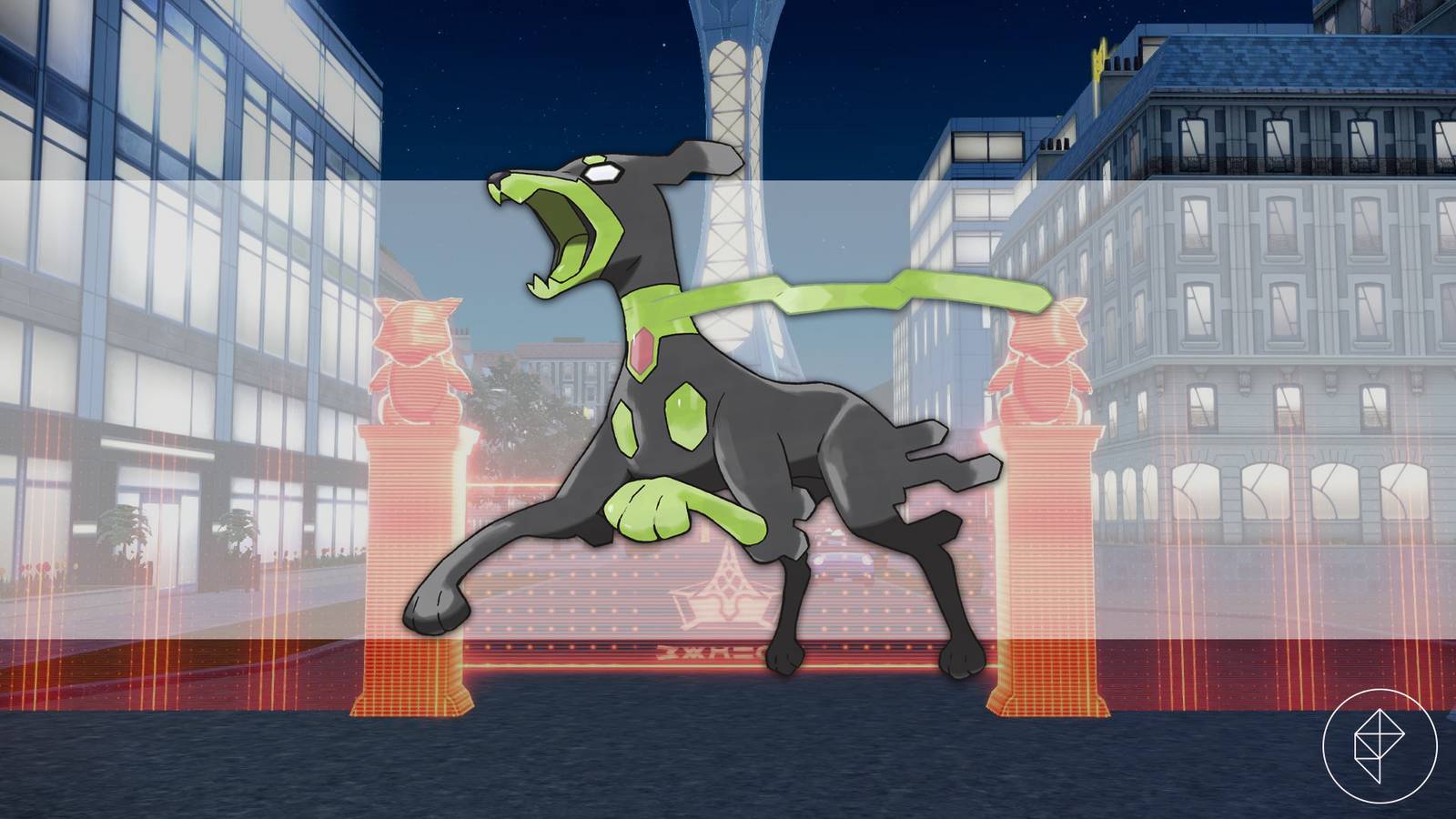 10% Forme Zygarde in front of a battle zone gate in Pokémon Legends: Z-A