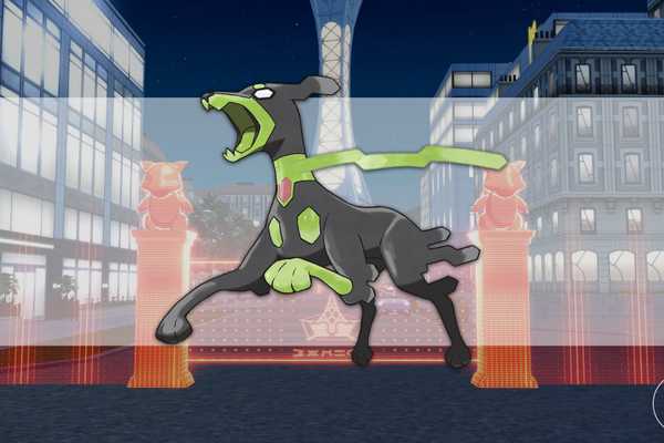 10% Forme Zygarde in front of a battle zone gate in Pokémon Legends: Z-A