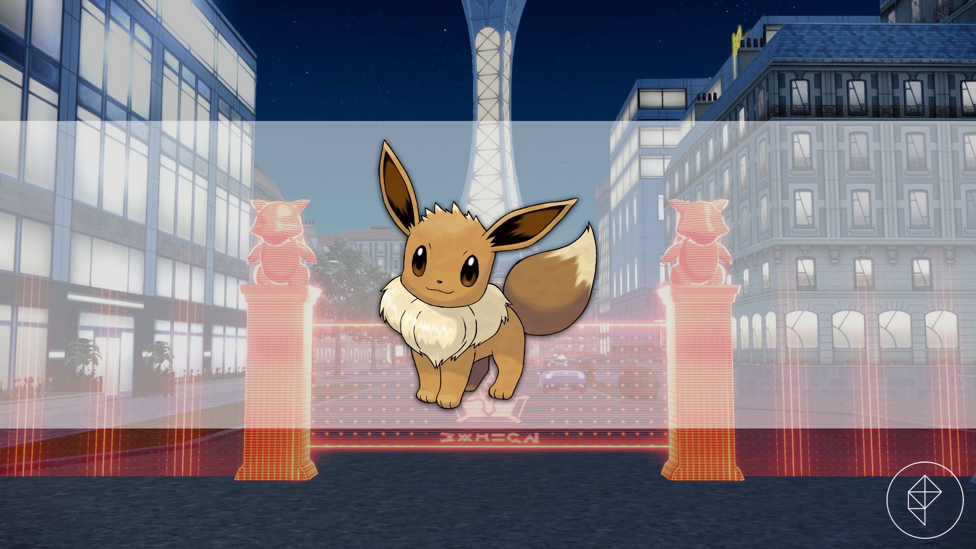 An Eevee over the gate of a battle zone in Pokémon Legends: Z-A.