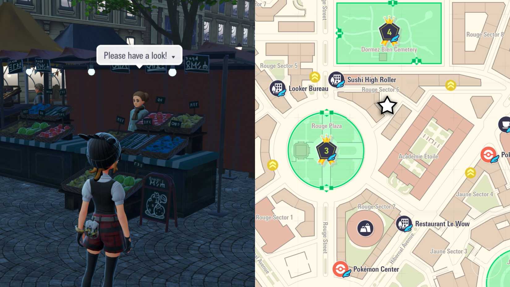 A Pokémon trainer stands in front of a berry stall in a marketplace near Sushi High Roller.