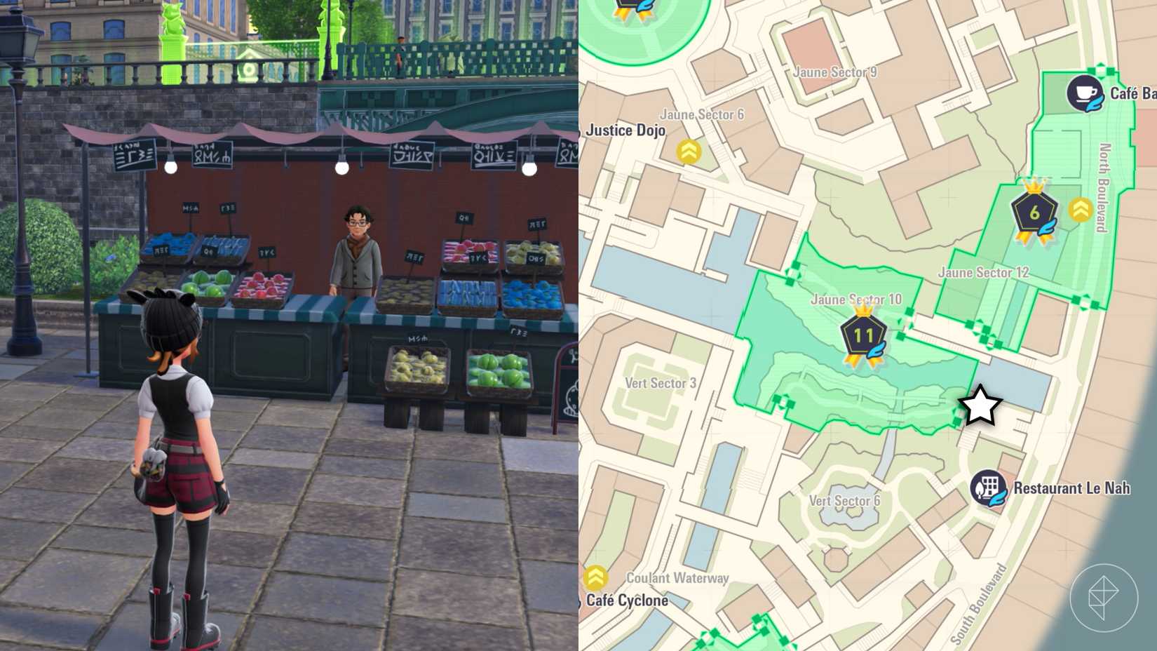 A Pokémon trainer stands in front of a berry stall near Restaurant Le Nah.