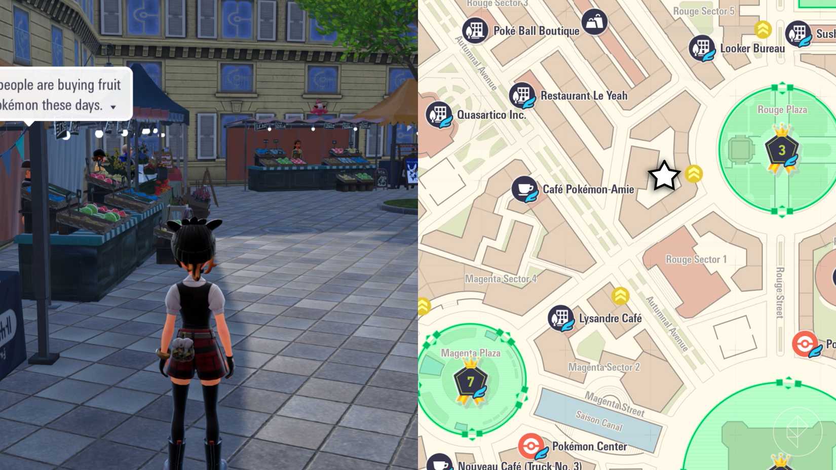 A Pokémon trainer stands in front of a bunch of stalls in a market in northern Rogue Sector 1.