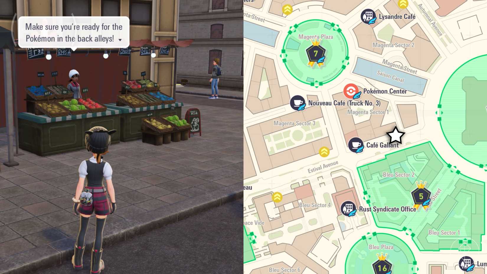 A Pokémon trainer stands in front of a berry stall on the side of a major street.