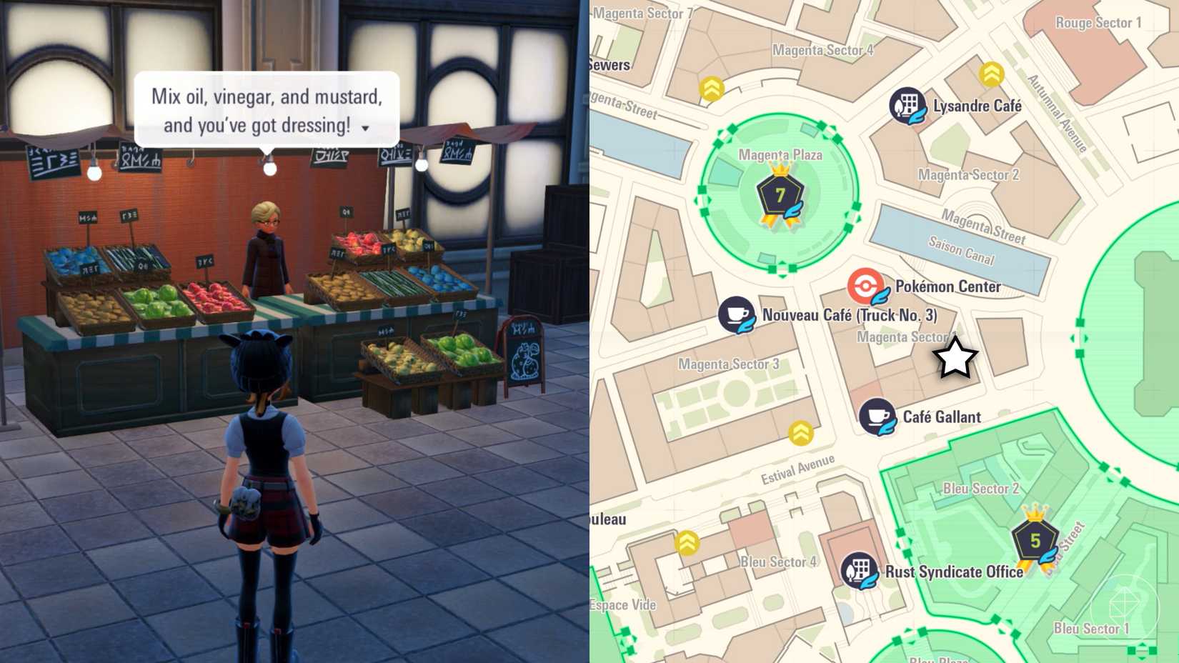 A Pokémon trainer stands in front of a berry stall in the corner of Magenta Sector 1.