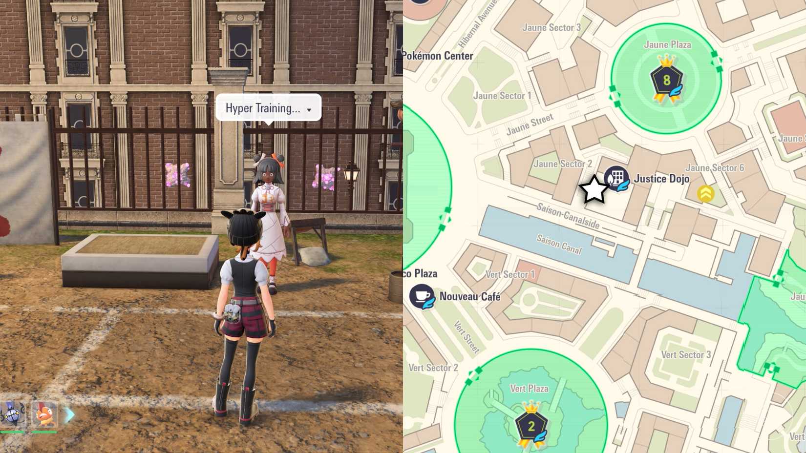 A woman stands on the edge of the Justice Dojo and offers hyper training in Pokémon Legends: ZA.