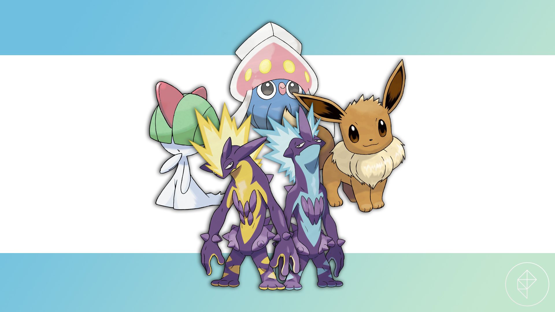Toxtricity, Ralts, Eevee, and Inkay on a gradient background.