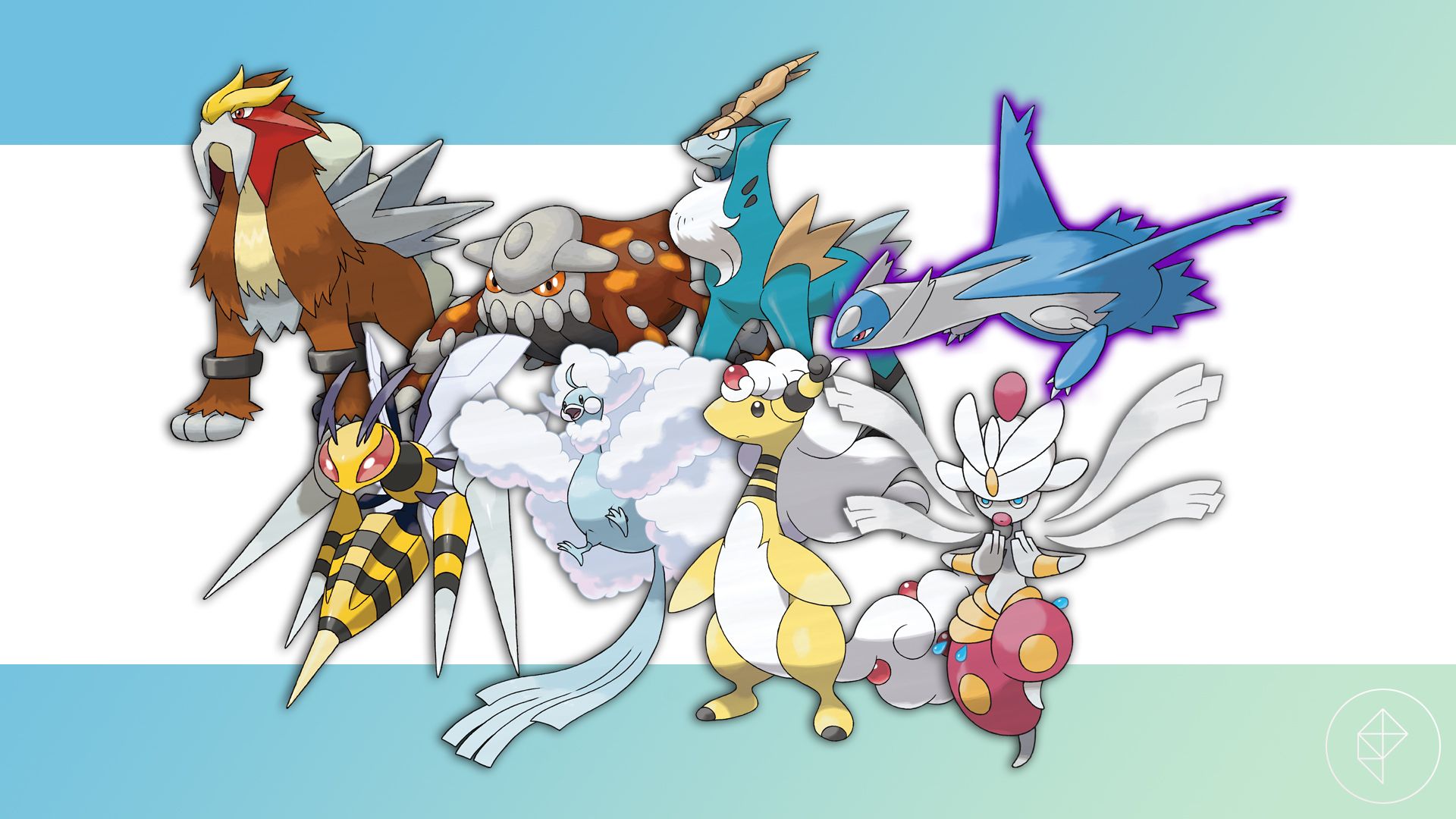 Entei, Heatran, Cobalion, Shadow Latios, Beedrill, Altaria, Ampharos, and Medicham on a gradient background.