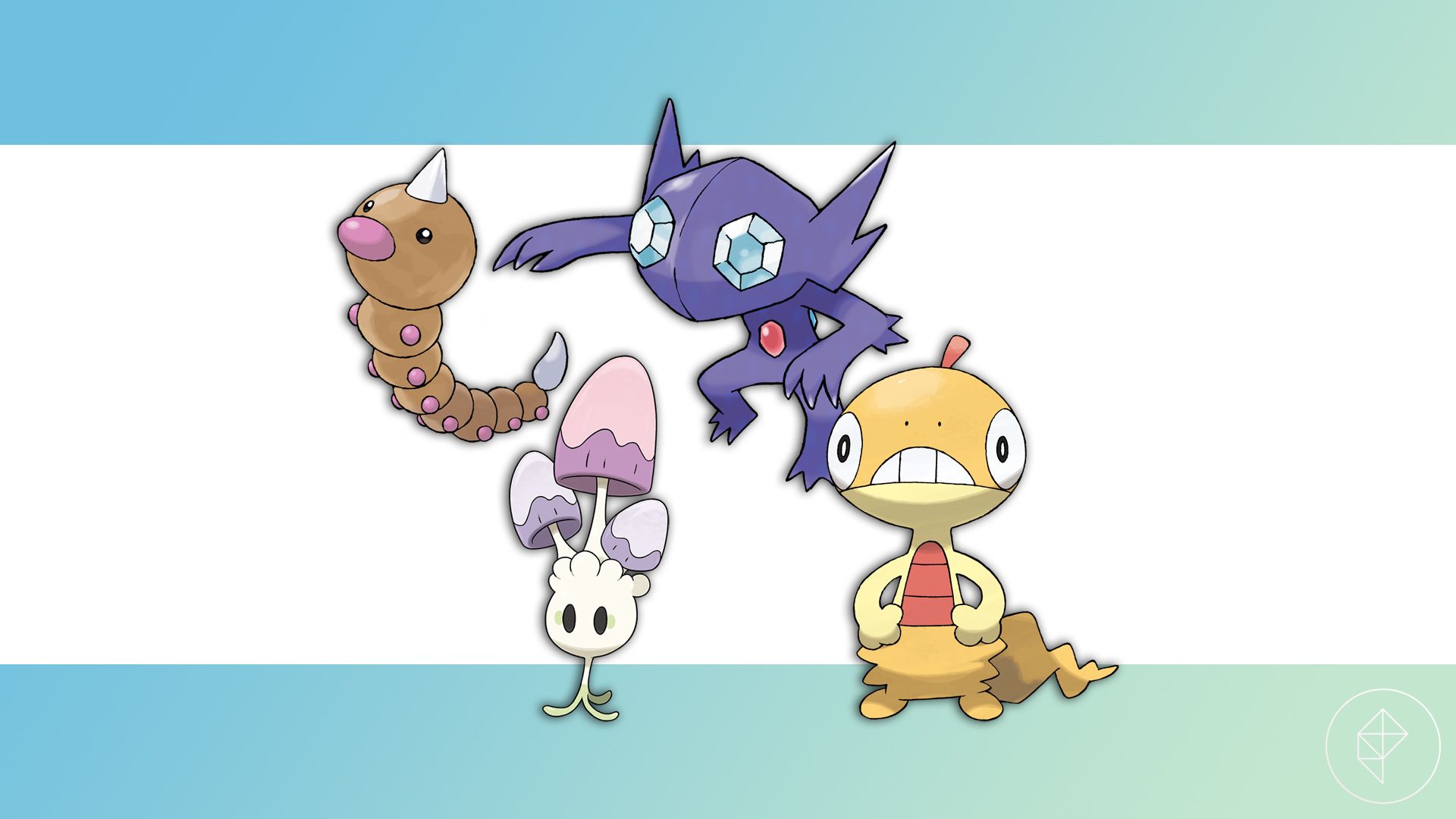 Weedle, Morelull, Sableye, and Scraggy on a gradient background.