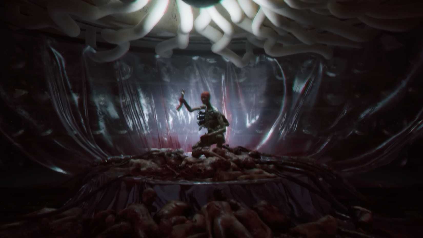 A strange, humanoid creature kneels in the middle of a room, surrounded by corpses.