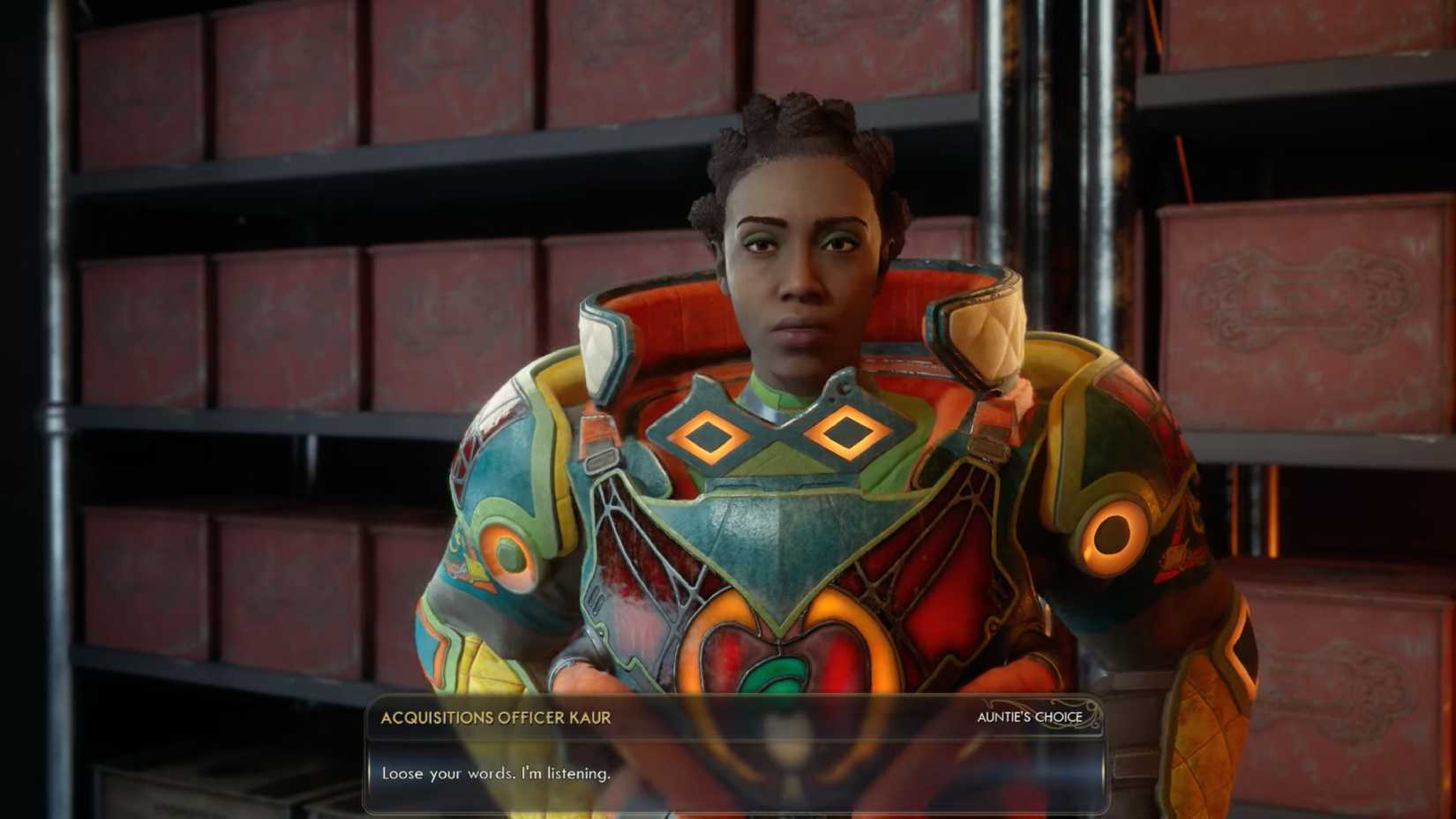 Officer Kaur, a Black woman in Spacer's Choice armor, looks at the player, saying, 