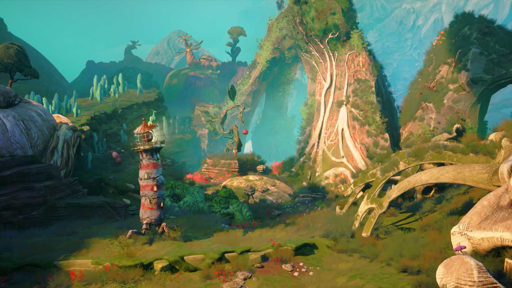 The lighthouse and bird exploring a green mountain slope in Keeper.