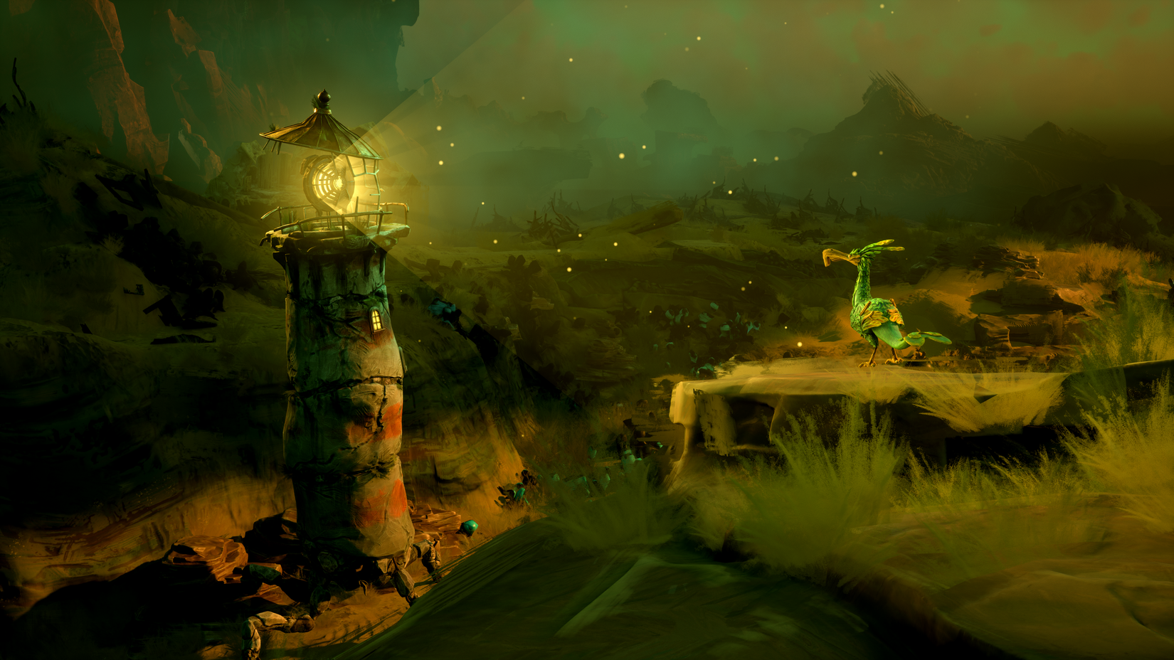 A lighthouse stares at a bird in Keeper.
