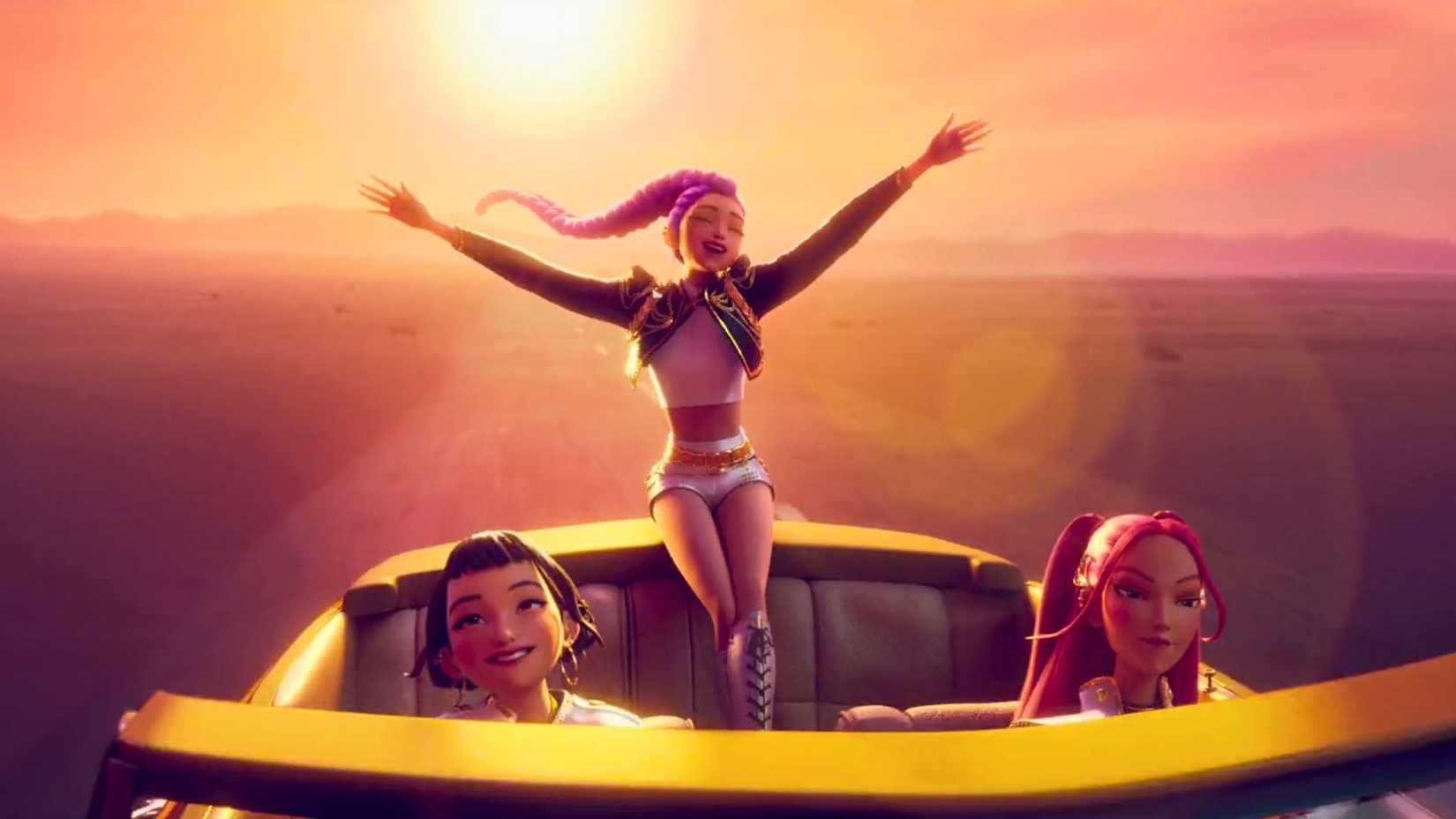 Screenshot of Rumi, Zoey, Mira from KPop Demon Hunters. Rumi sits on the back of a car, arms outstretched, across a golden background.